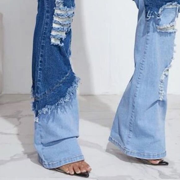 NEW! High Waist Ripped Distressed Flare Legs Color Block Denim Blue Jeans - Picture 5 of 6